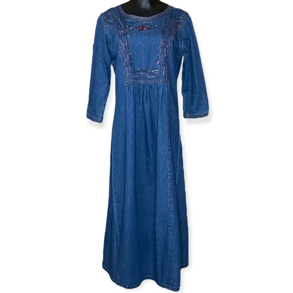 Vintage Chambray Maxi Dress Floral Embroidery Size M - Picture 2 of 5